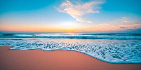 Wall Mural - Summer closeup sunset sea sky landscape. Colorful ocean beach sunrise. Beautiful beach reflections calm waves, soft sandy beach. Perfect tropical coast horizon scenic coast view. Mediterranean nature