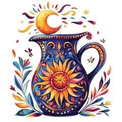 Canvas Print - Vibrant Hand-painted Jug with Sunflower and Celestial Motifs.