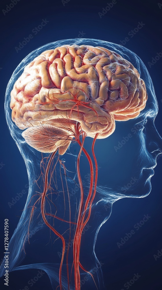 Detailed 3D Anatomy of the Human Brain and Blood Vessels Stock ...