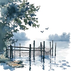 Wall Mural - Serene Watercolor Landscape Fishing Net on Calm Water.