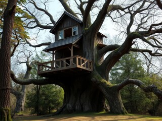 Ancient treehouse, a mystic sentinel, whispers secrets to the wind in a hidden clearing, beckoning a Treehouse adventure