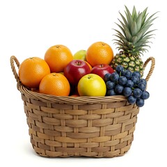 Wall Mural - Round wicker basket full of various fresh fruits isolated on white background