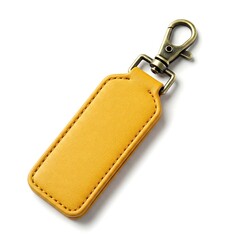 Wall Mural - Yellow leather bar keychain with metal bronze lobster clasp isolated on white background