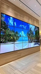 Wall Mural - a large digital display shows a vibrant tropical beach scene with palm trees and a clear blue sky, e