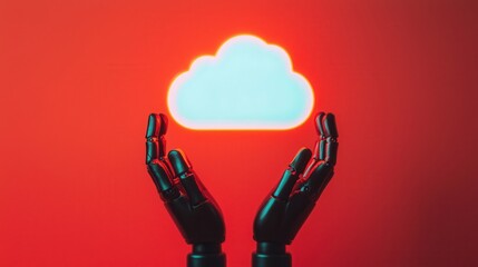 Poster - A futuristic image of robotic hands holding a glowing cloud against a red background, symbolizing technology and digital innovation.