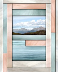 Wall Mural - a stylized frame surrounds a serene landscape featuring mountains and water, blending colors and sha