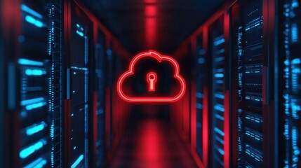 Poster - A futuristic data center hallway with glowing blue and red lights, featuring a neon cloud icon with a key symbolizing cloud security.