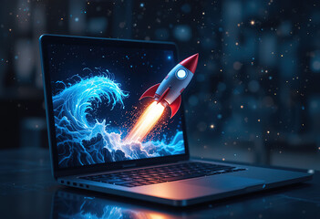 Aufkleber - rocket exiting laptop screen with abstract digital wave, 8k photo