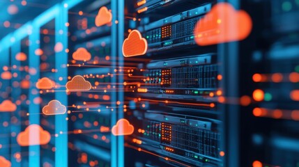 Poster - A digital server room with cloud icons and data transfer visuals, symbolizing modern cloud computing and data storage technologies.