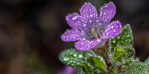 Poster - Close up of purple flower with dew drops on petals and leaves