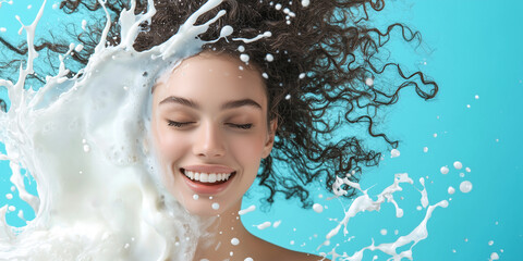 Aufkleber - smiling woman with curly hair is splashed with milk against blue background