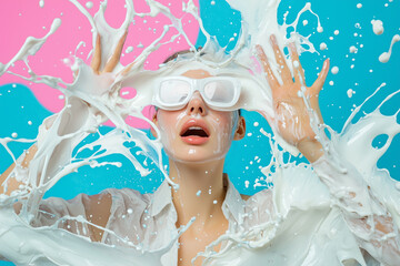 Aufkleber - woman in white sunglasses is splashed with milk against vibrant background