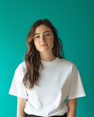 woman in plain white t shirt stands against teal background, looking calm