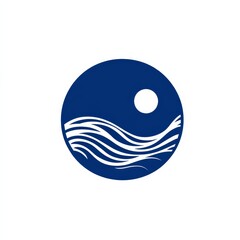 Aufkleber - circular ocean icon: abstract blue waves and solitary sun symbol design