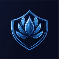 Poster - Elegant Blue Lotus Flower Emblem on Shield with Dark Background for Branding and Design.