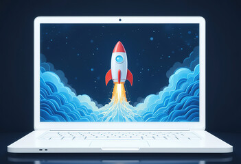Aufkleber - rocket exiting laptop screen with abstract digital wave, 8k photo