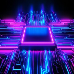 Fototapete - Futuristic CPU or processor with neon blue and pink lights, representing modern technology and data flow in a cyberpunk style.