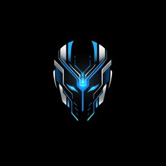 Fototapete - Futuristic Cybernetic Helmet Design with Glowing Blue Accents on a Dark Background, Sci-Fi Concept Art