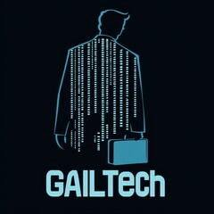 Poster - GailTech: The Future of Technology - Silhouette of a business professional with a briefcase made of binary code on a dark background