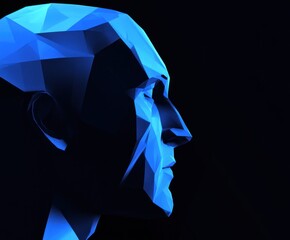 Poster - Low-poly blue head profile on black background.