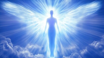 A radiant figure with glowing wings, floating in the sky and radiating light and confidence. creating an ethereal atmosphere. spiritual iconography, a heaven-like environment, and blue tones.