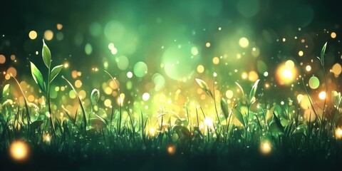 Poster - Lush Green Grass with Sparkling Bokeh Lights in Soft Focus Background