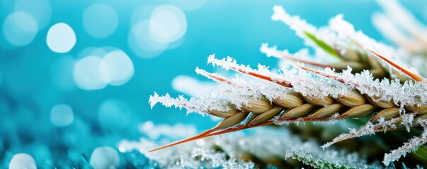 Poster - Frosted Grass on Shimmering Blue Background in Winter Setting