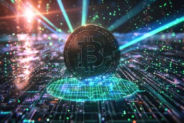 Poster - A dazzling Bitcoin coin levitates above a network, illuminated by radiant beams, symbolizing the future of digital cryptocurrency and transformative blockchain technology trends.