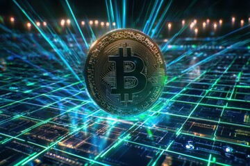 Poster - A mesmerizing Bitcoin digital currency coin with an electrifying, futuristic background, highlighting the decentralized cryptocurrency and blockchain technology concept.