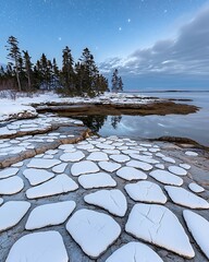 Wall Mural - winter landscape featuring snow-covered rocks along a calm body of water with trees and a clear sky.