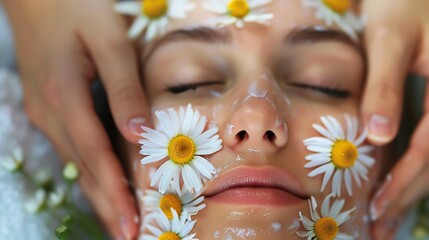 Wall Mural - A woman receiving a facial treatment with daisies placed on her face.