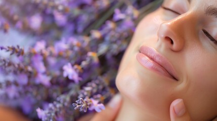 Wall Mural - A woman with closed eyes lies on a lavender plant.