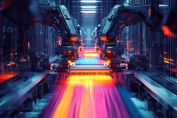 Poster - futuristic robotic arms working in automated factory, creating a dynamic and technologically advance