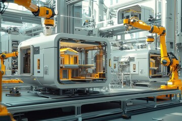 Poster - An advanced manufacturing facility featuring robotic arms and modular fabrication units, showcasing automation and precision in a clean, futuristic industrial environment for efficient production.