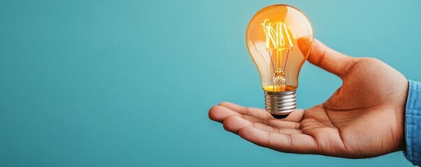 Aufkleber - Bright Idea Concept with Hand Holding Light Bulb Against Blue Background