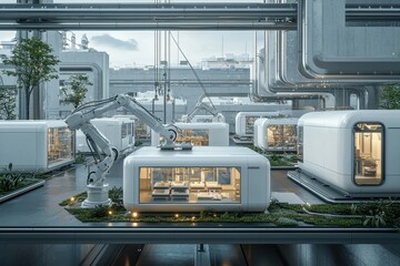 Poster - a futuristic industrial landscape with robotic arms and modular structures, creating a sense of adva
