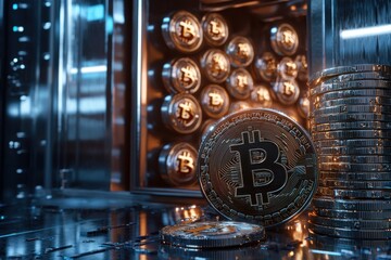 Poster - Bitcoins secured in a futuristic vault, representing the storage and security of digital cryptocurrency assets within a modern blockchain technology infrastructure.