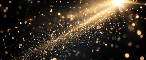 Poster - A burst of glowing golden particles and sparkles with light beams against a dark background, representing the concept of energy, magic, and radiance in an abstract, cosmic style.