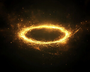 Poster - A glowing golden ring surrounded by a cosmic spark effect, symbolizing energy, power, and the concept of infinity or a magical vortex in a dark space.