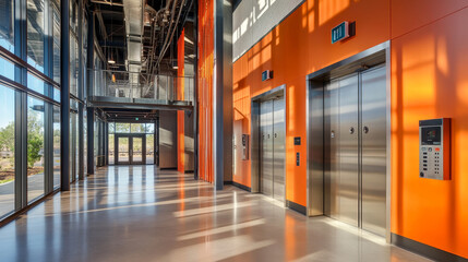 Passenger and cargo elevators with open doors in hallway. Vector realistic empty modern interior with lifts, metal panel with buttons and floor display on wall in hall of hotel, office or house