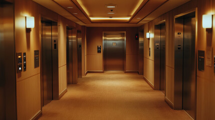 Passenger and cargo elevators with open doors in hallway. Vector realistic empty modern interior with lifts, metal panel with buttons and floor display on wall in hall of hotel, office or house