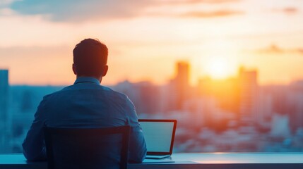 Aufkleber - Businessman Working on Laptop While Watching Sunset Over Cityscape
