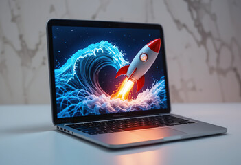 Aufkleber - rocket exiting laptop screen with abstract digital wave, 8k photo