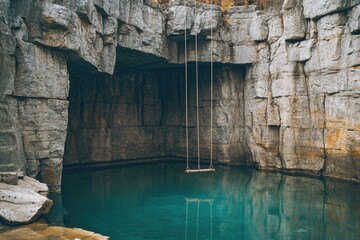 Poster - Entrance to a cave with a swinging rope attached to the side, perfect for adventure or outdoor scenes