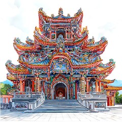 Wall Mural - Vibrant Watercolor Painting of a Traditional Chinese Temple.