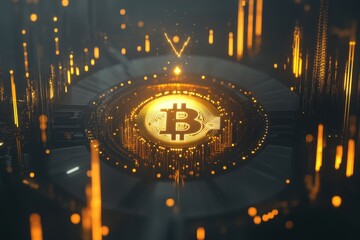 Poster - An intricate, glowing golden Bitcoin symbol surrounded by digital circuits, representing cryptocurrency, blockchain technology, and the future of digital finance.