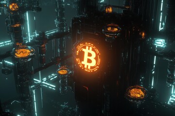 Poster - Futuristic cryptocurrency concept: A glowing Bitcoin symbol integrated into a complex, high-tech industrial structure, symbolizing the future of digital finance.