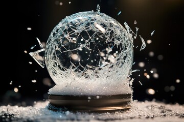 Poster - A shattered snow globe with water and tiny snowflakes inside, on a wooden table
