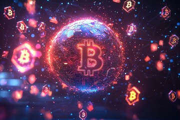 Poster - Digital bitcoin sphere with glowing circuits and floating coins on a dark blue background, symbolizing modern cryptocurrency and financial technology investment.