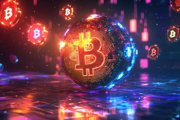 Poster - Vibrant digital Bitcoin sphere hovering over a reflective circuit board surface, surrounded by smaller Bitcoin tokens, embodying cryptocurrency technology, digital finance and blockchain future.